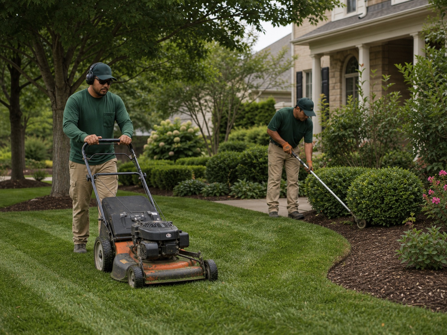 Professional landscaping crew mowing and edging a well-maintained residential lawn